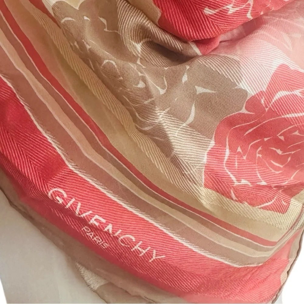 GIVENCHY Beautiful Rose, Pink and Beige Rose Flower Pattern 100% Silk Scarf